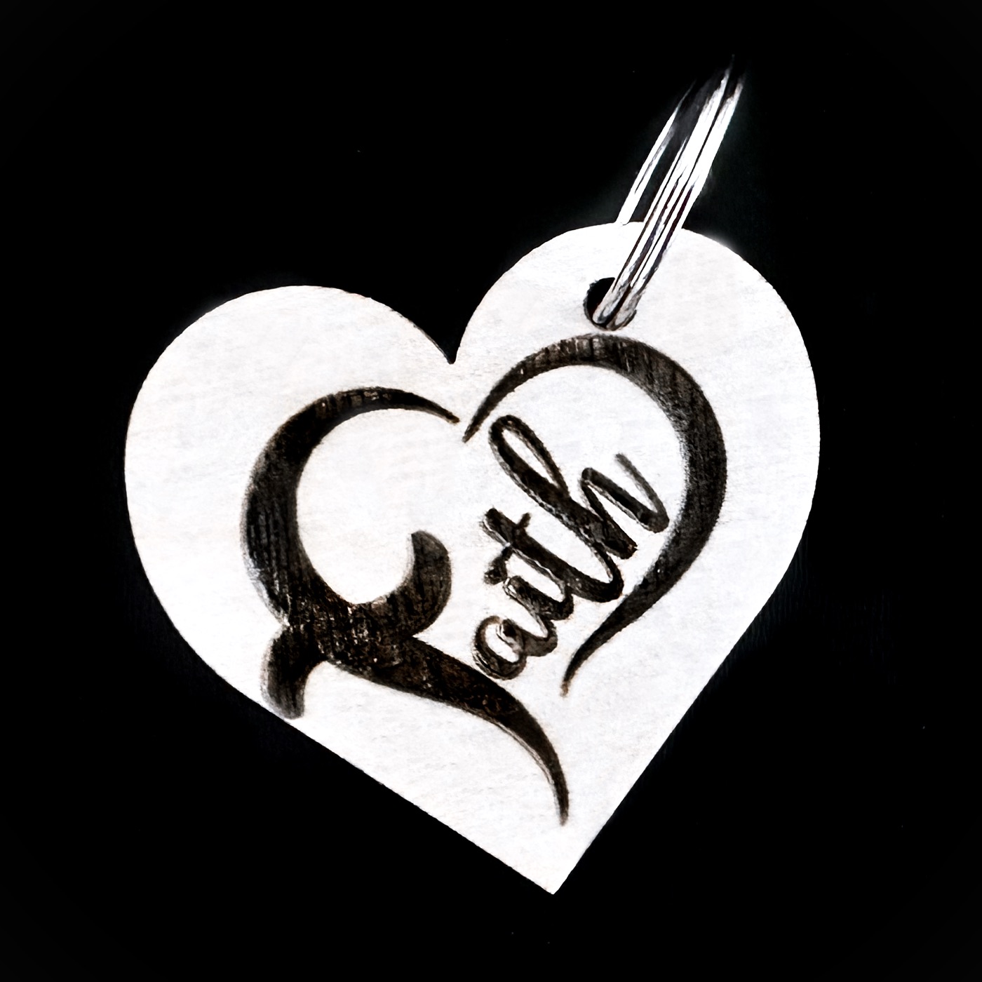 Faith Heart keychain laser engraved on birch plywood