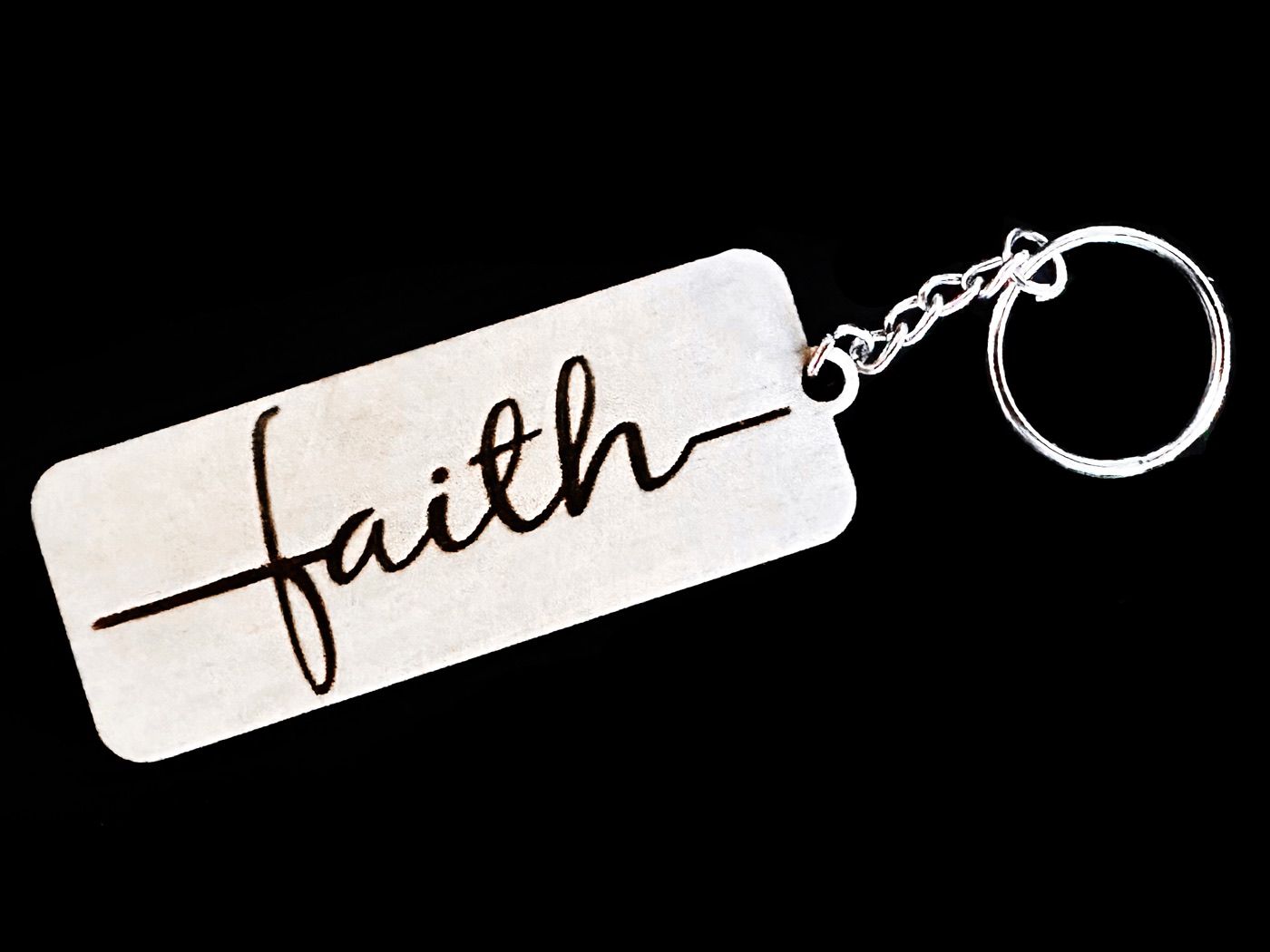 Faith Keychain laser engraved on birch plywood
