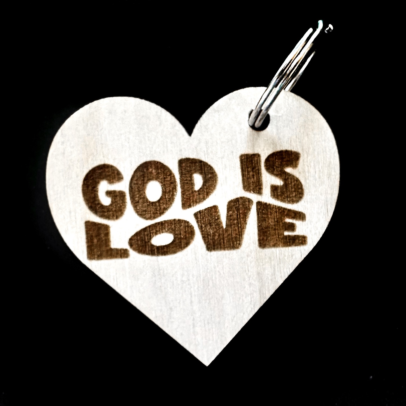 God is Love heart-shaped keychain laser engraved on birch plywood
