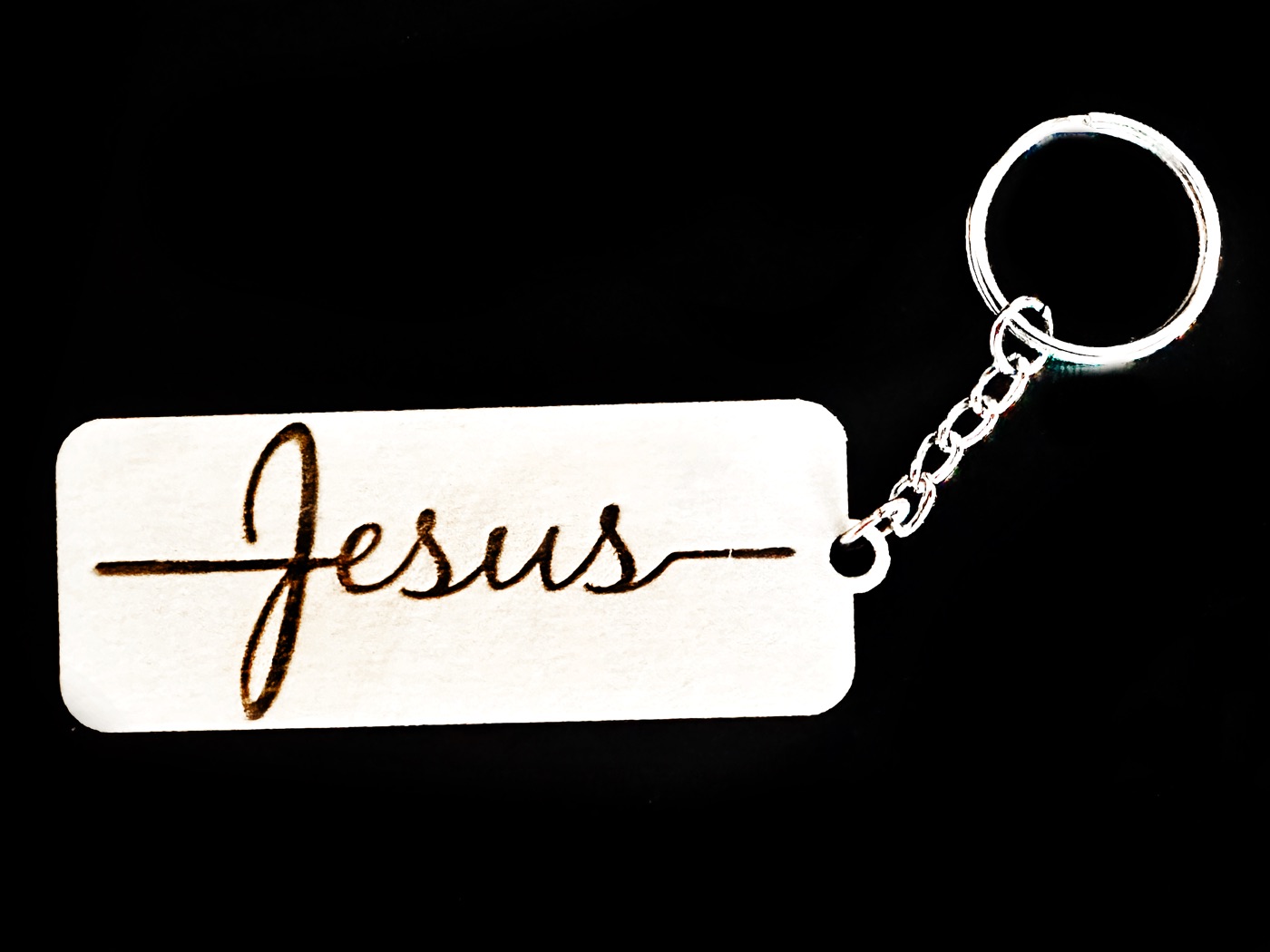 Jesus keychain laser engraved on birch plywood