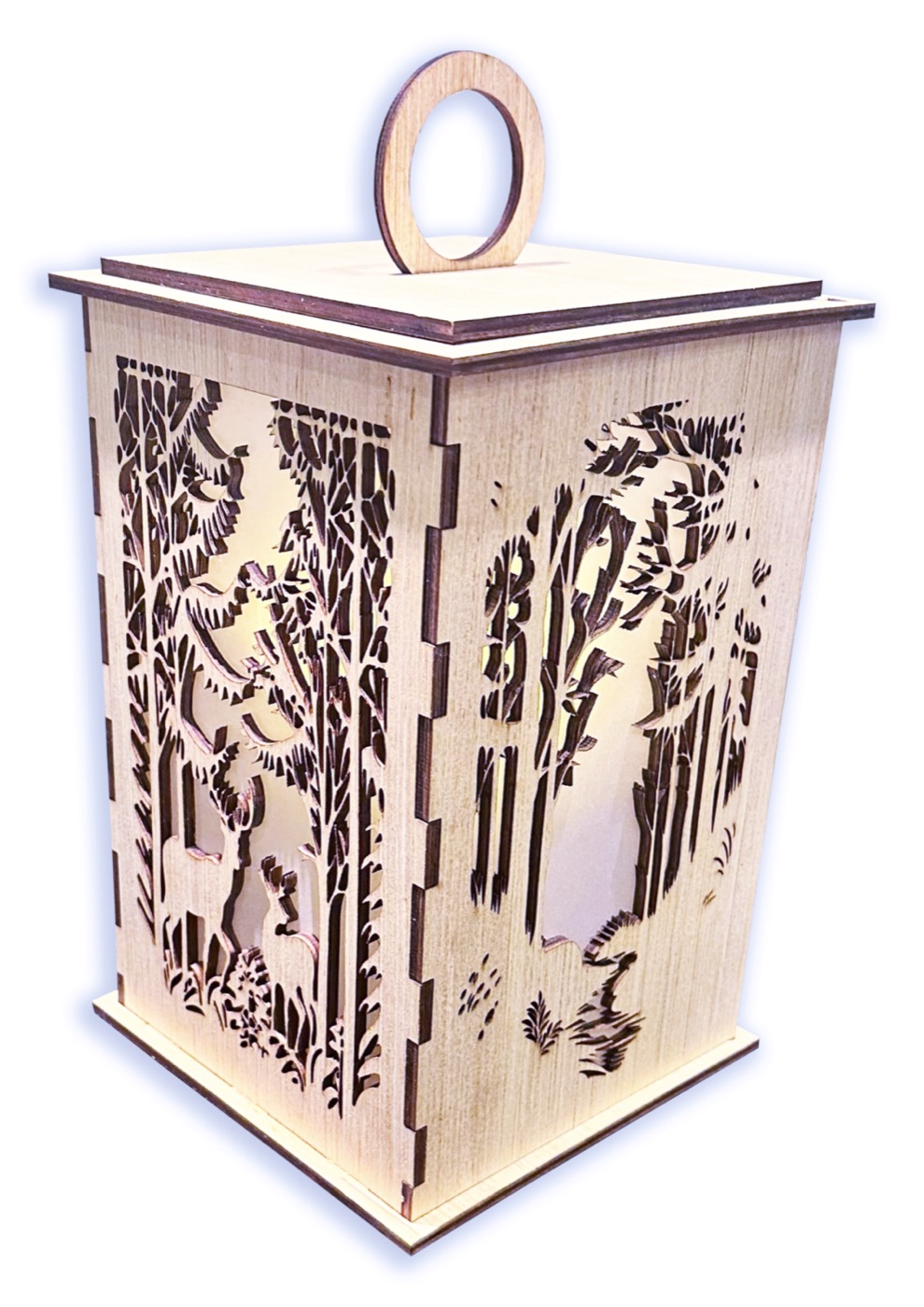 Wilderness Themed laser-cut wood lantern with deer and forest silhouette