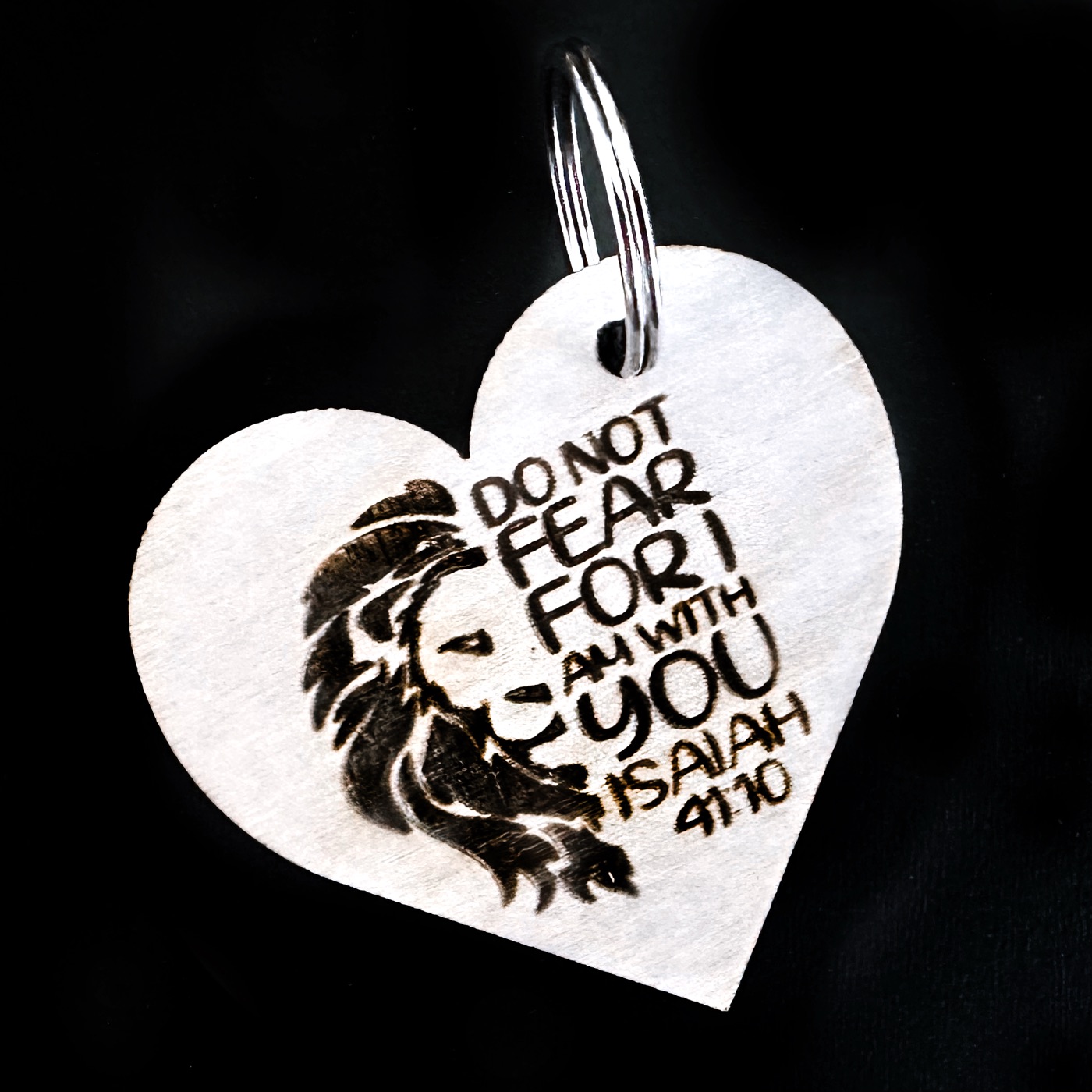 Do Not Fear Lions Head heart-shaped keychain laser engraved on birch plywood